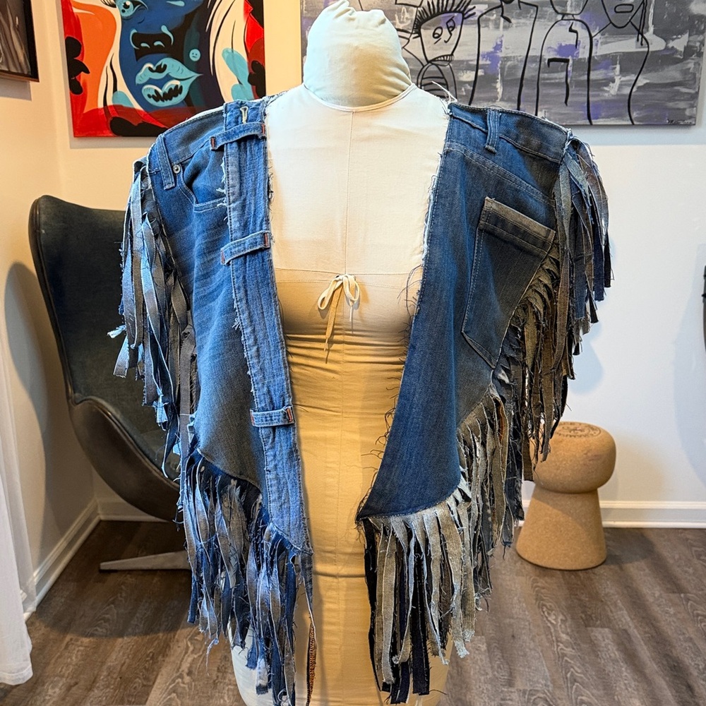 Fringed Denim Poncho Vest